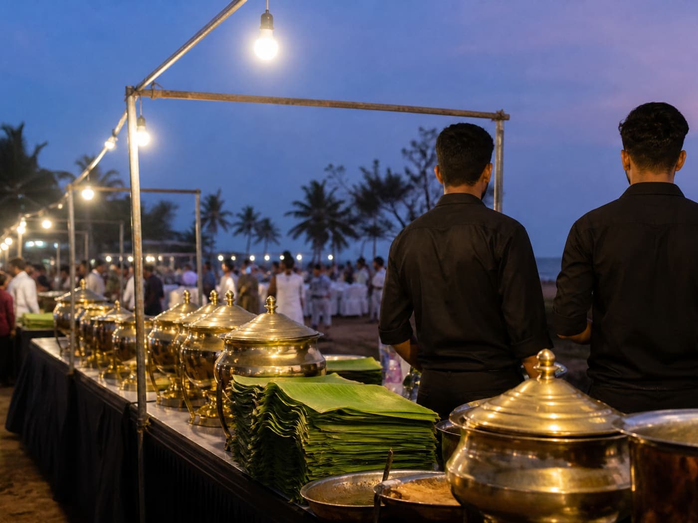 Grand outdoor buffet setup with warm lights at a Shanvi Caterers Mangalore event