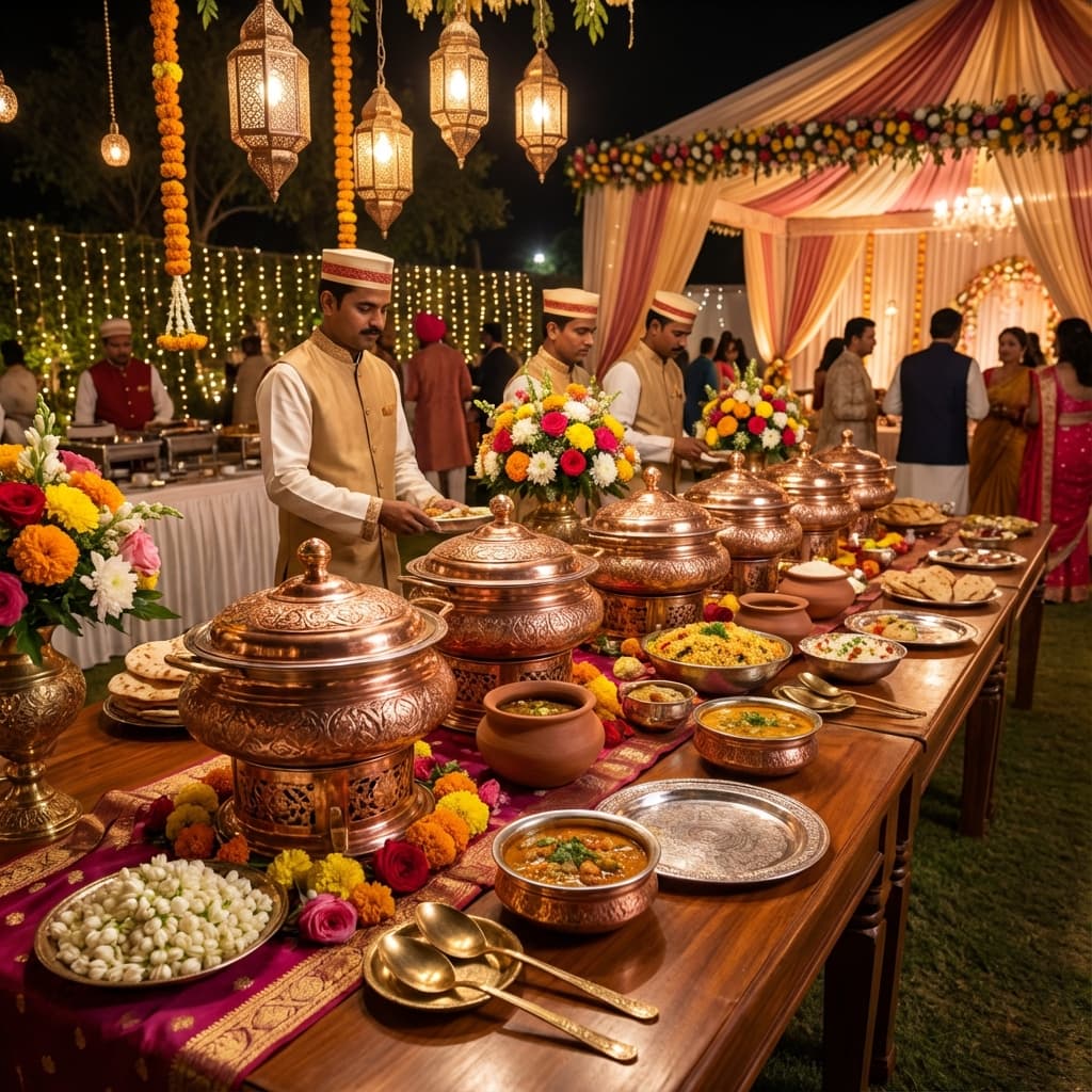Shanvi Caterers grand outdoor buffet setup with fairy lights in Mangalore