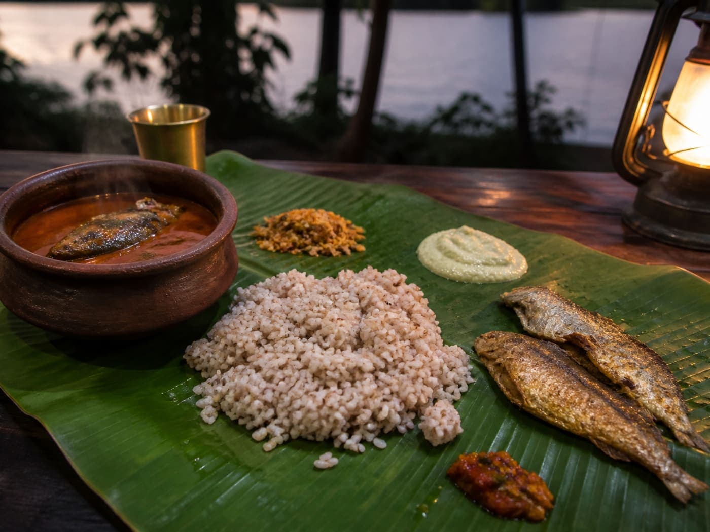 Mangalorean fish curry and rice served on a banana leaf