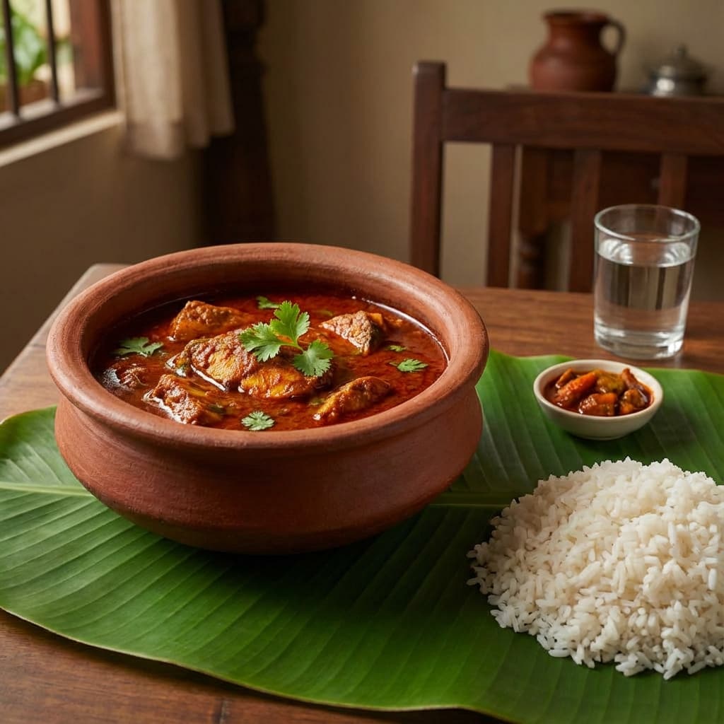 Authentic Mangalorean fish curry and rice served on a banana leaf