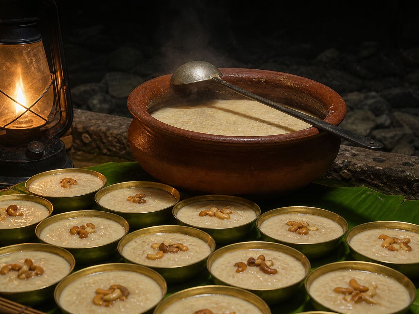 Payasam served in brass bowls at an evening dessert counter