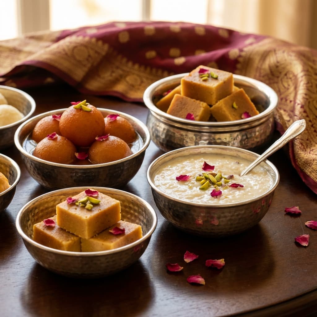 Outdoor dessert counter with Indian sweets at a Shanvi Caterers event